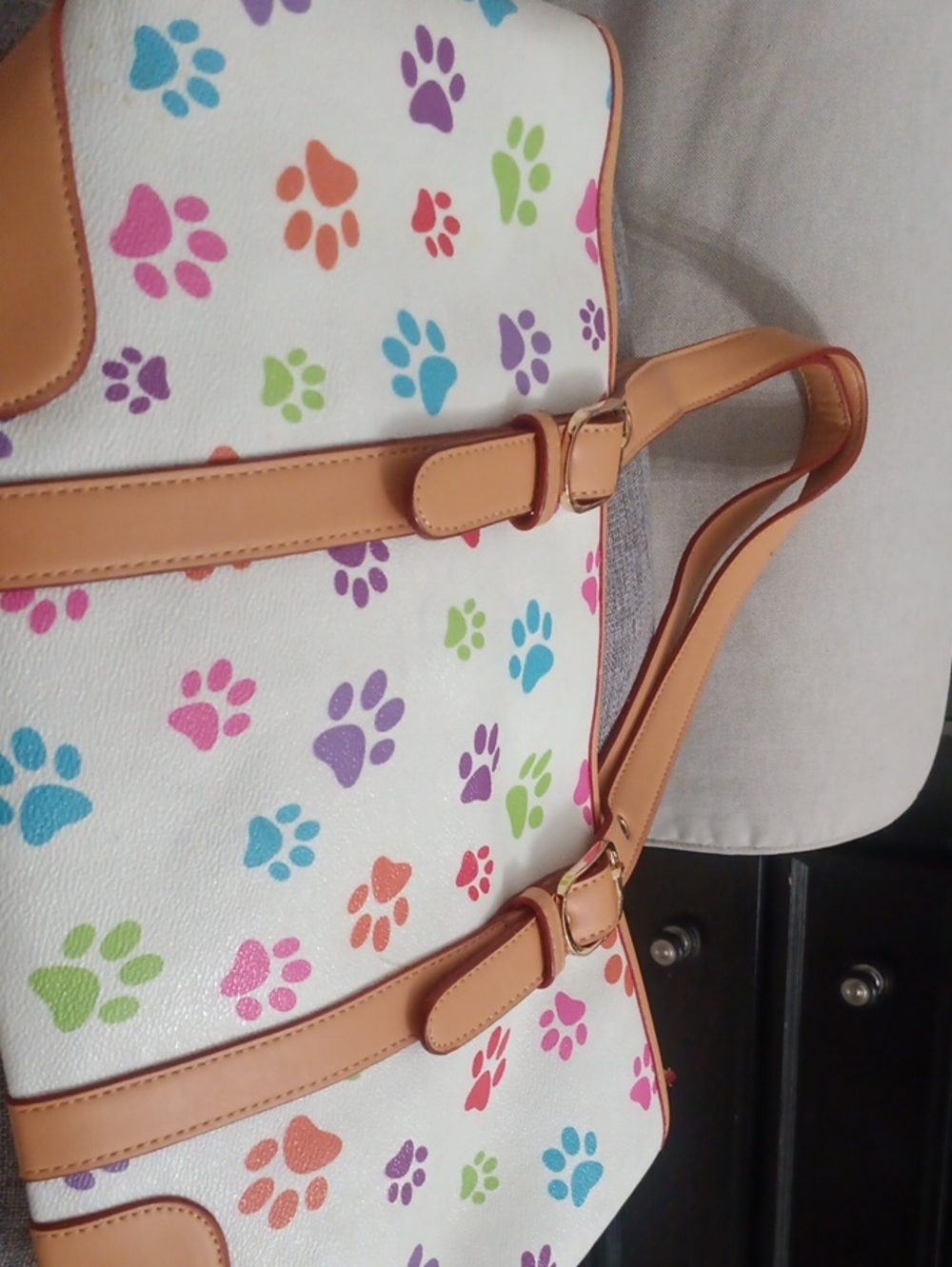 White Multi-Paw Print Tote Bag with Tan Trim. NEW